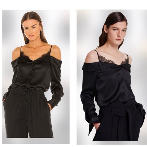 JONATHAN SIMKHAI Caylee Silk Lace Plisse Off Shoulder  Button Down Blouse Top - Picture 4 of 16